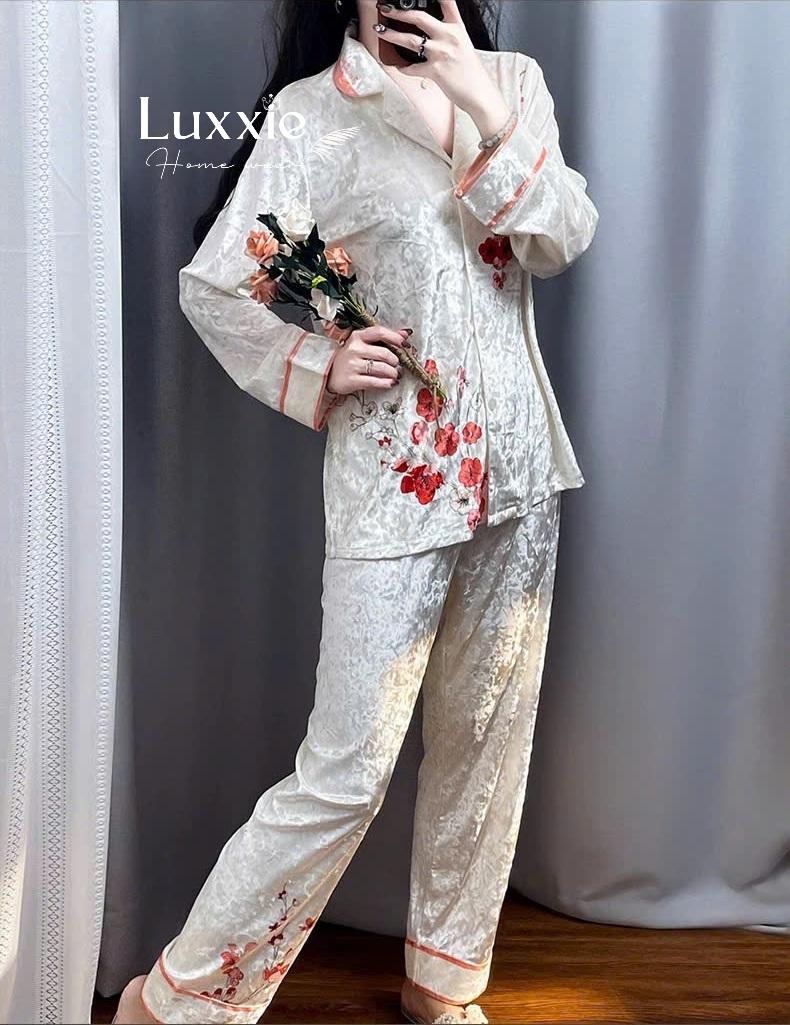 NHUNG20 Pijama vải nhung họa tiết hoa đào đỏ_5