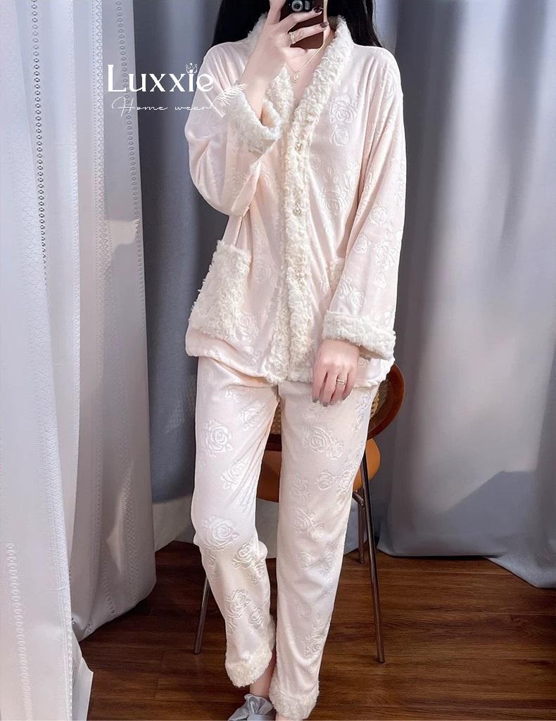 NHUNG10 Pijama vải nỉ nhung hoa hồng viền lông_11