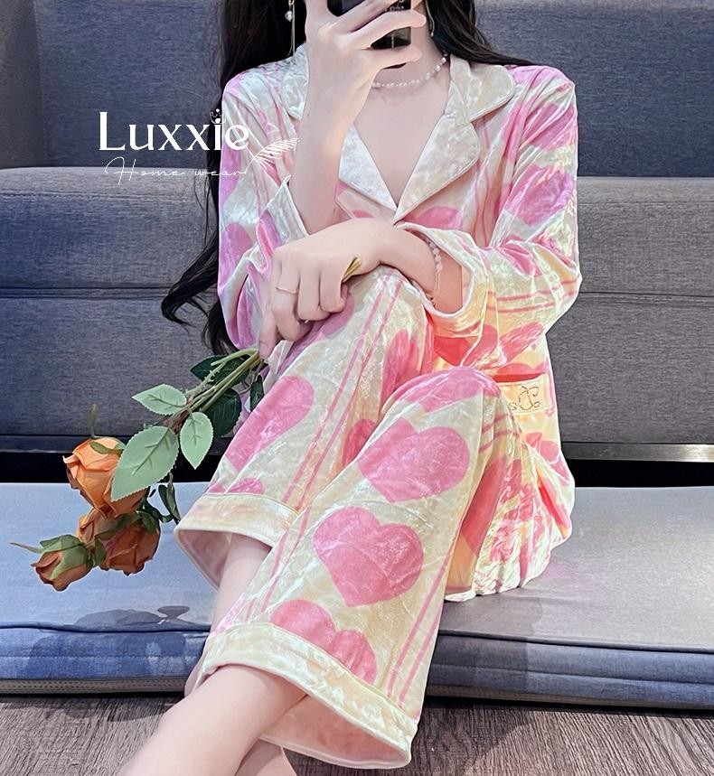 NHUNG08 Pijama vải nhung vàng họa tiết tim hồng_4