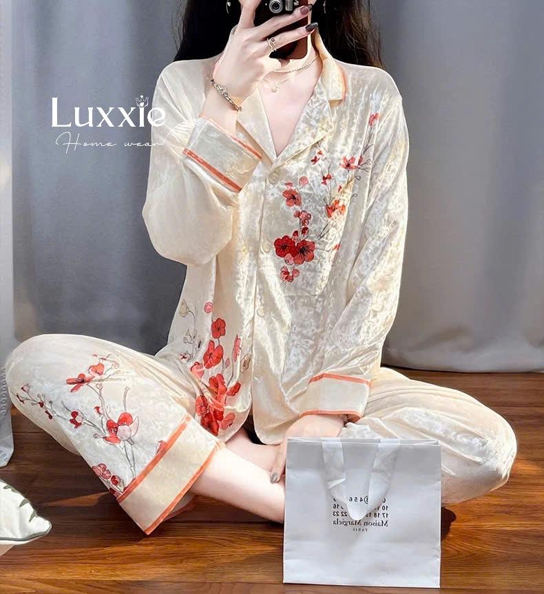 NHUNG20 Pijama vải nhung họa tiết hoa đào đỏ_4