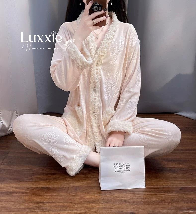 NHUNG10 Pijama vải nỉ nhung hoa hồng viền lông_8