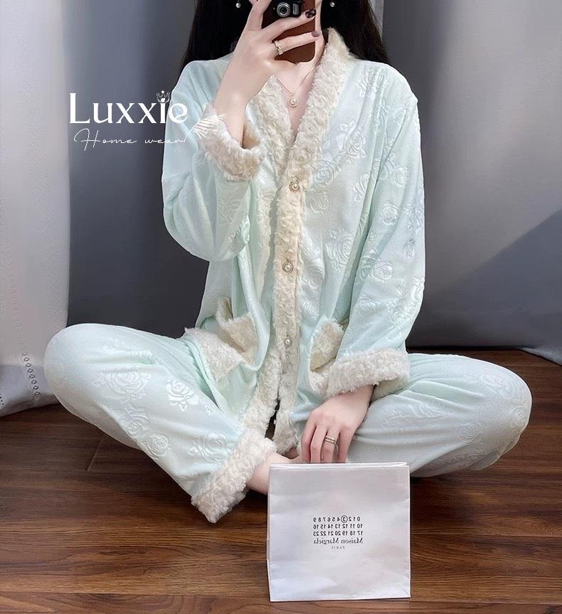 NHUNG10 Pijama vải nỉ nhung hoa hồng viền lông_13