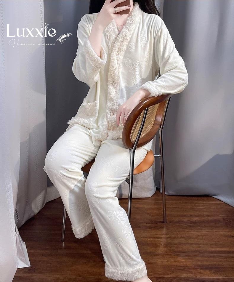 NHUNG10 Pijama vải nỉ nhung hoa hồng viền lông_5