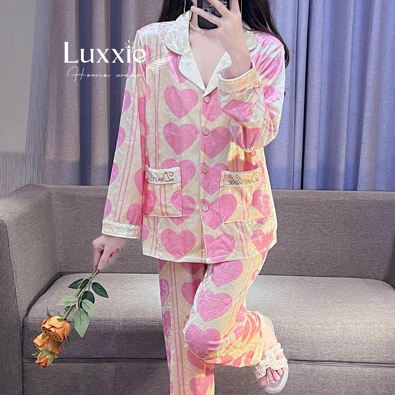 NHUNG08 Pijama vải nhung vàng họa tiết tim hồng_5