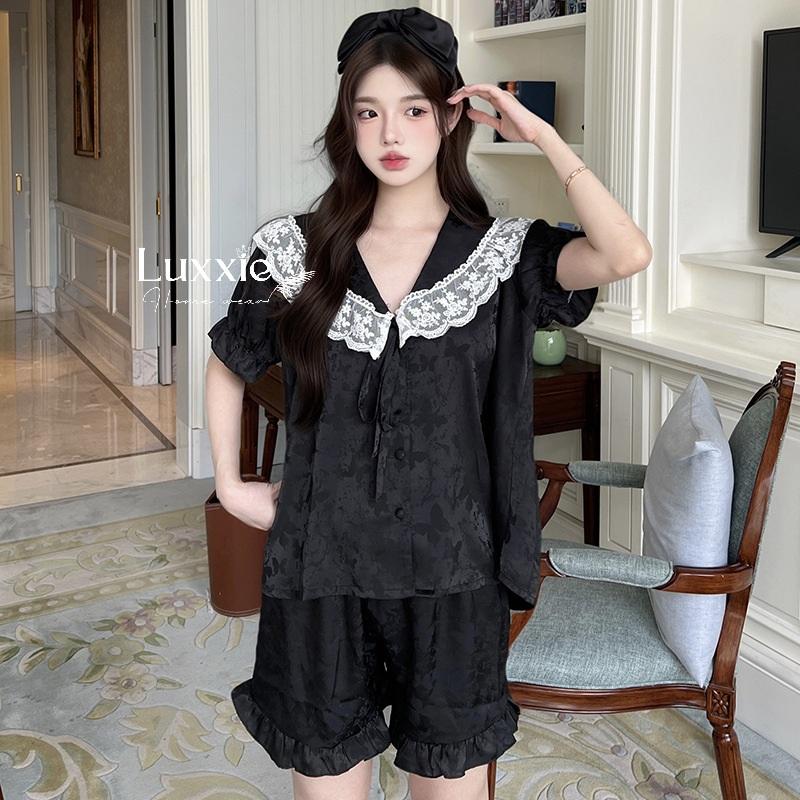 N108C Pijama lụa gấm hoa cổ ren trắng buộc nơ cộc đùi_12