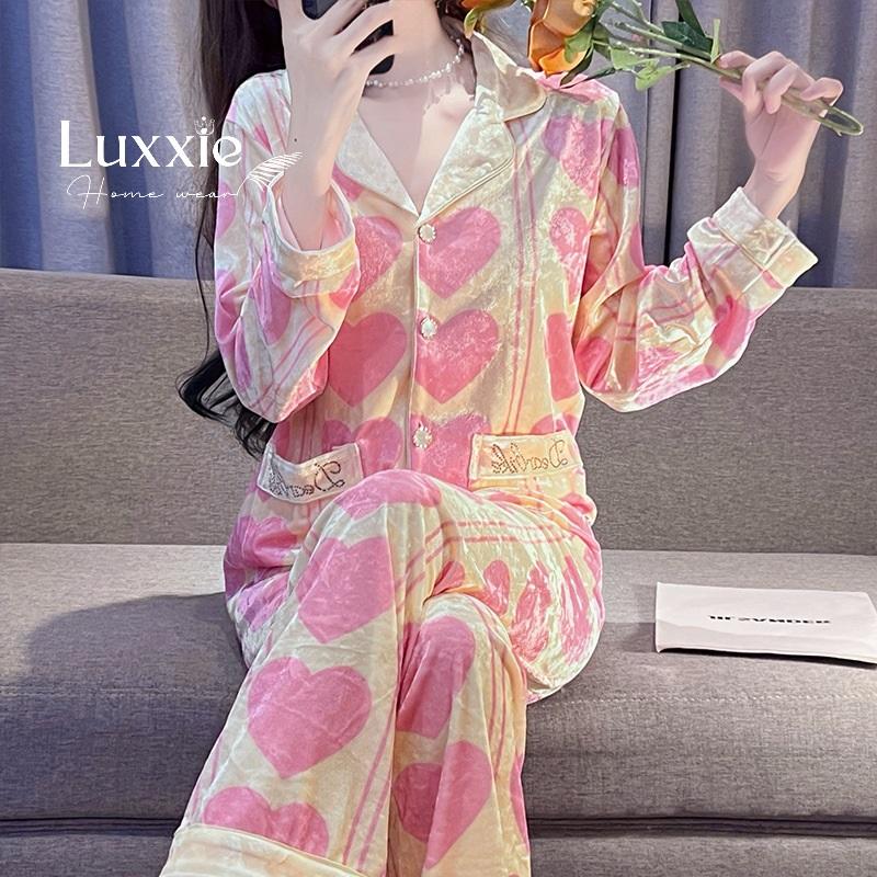 NHUNG08 Pijama vải nhung vàng họa tiết tim hồng_3