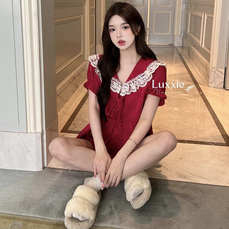 N108C Pijama lụa gấm hoa cổ ren trắng buộc nơ cộc đùi_20