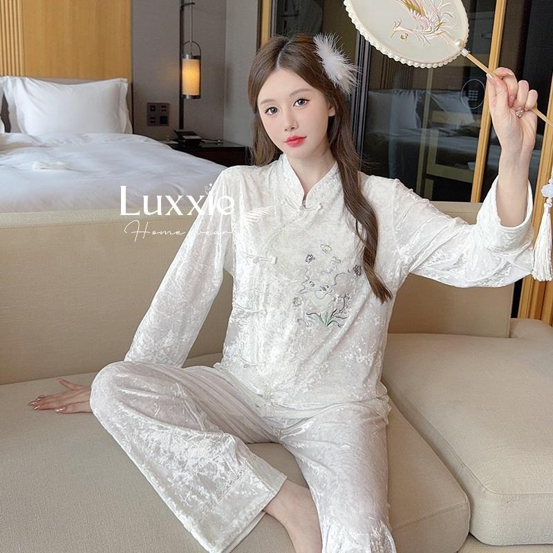 NHUNG17 Pijama vải nhung trắng phong cách trung hoa_3