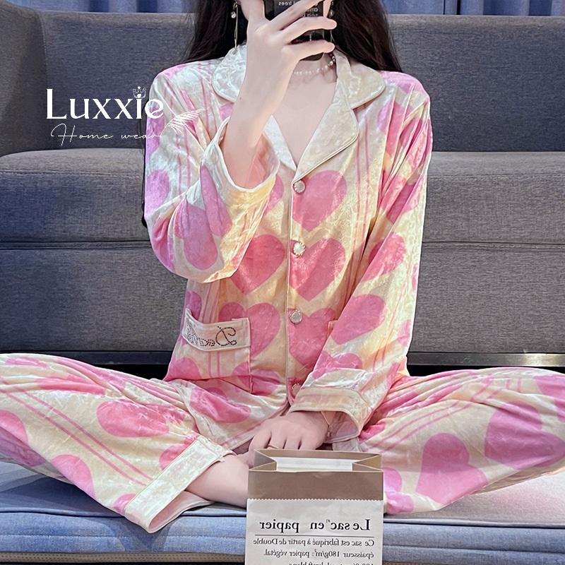 NHUNG08 Pijama vải nhung vàng họa tiết tim hồng_6