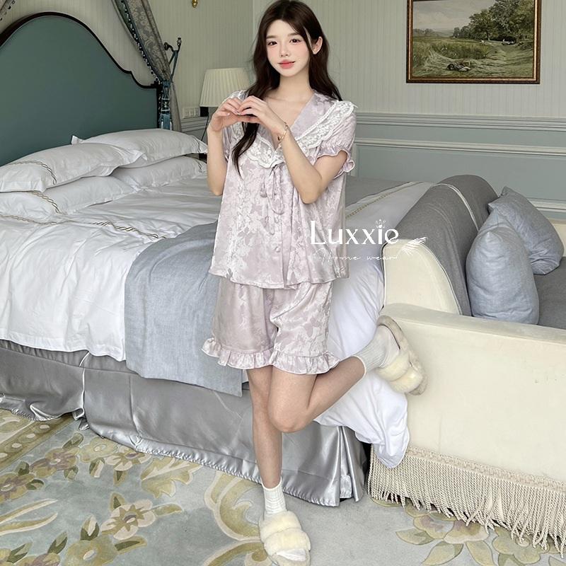N108C Pijama lụa gấm hoa cổ ren trắng buộc nơ cộc đùi_18