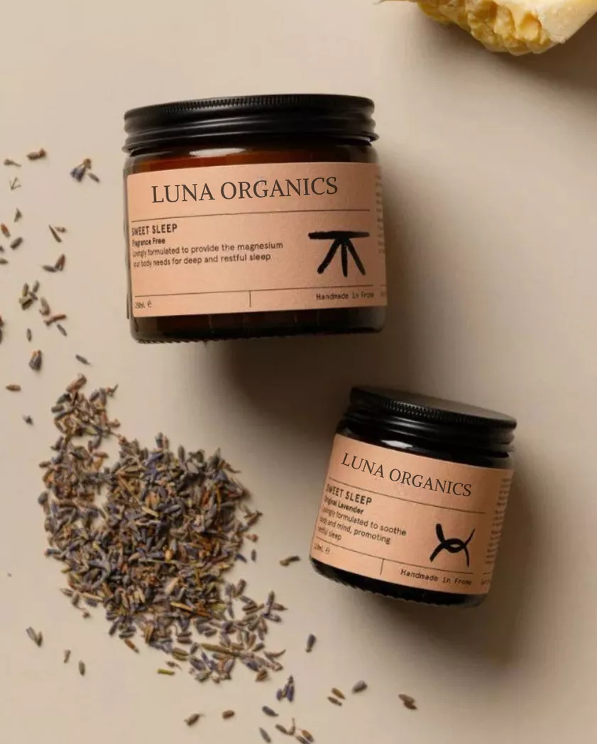 Nature Image – Lavender – two Luna Organics Sweet Sleep jars beside dried lavender