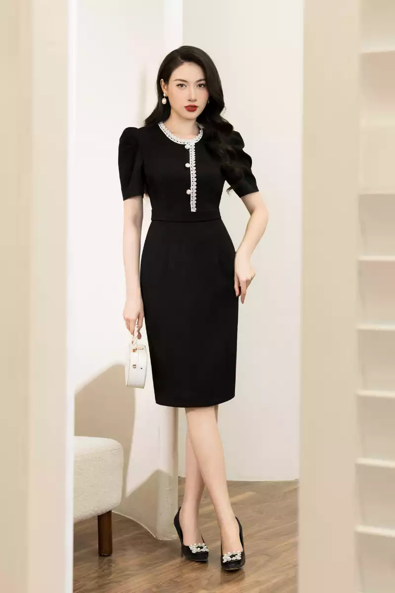 Đầm ôm dạ tweed đen phối viền ren trắng