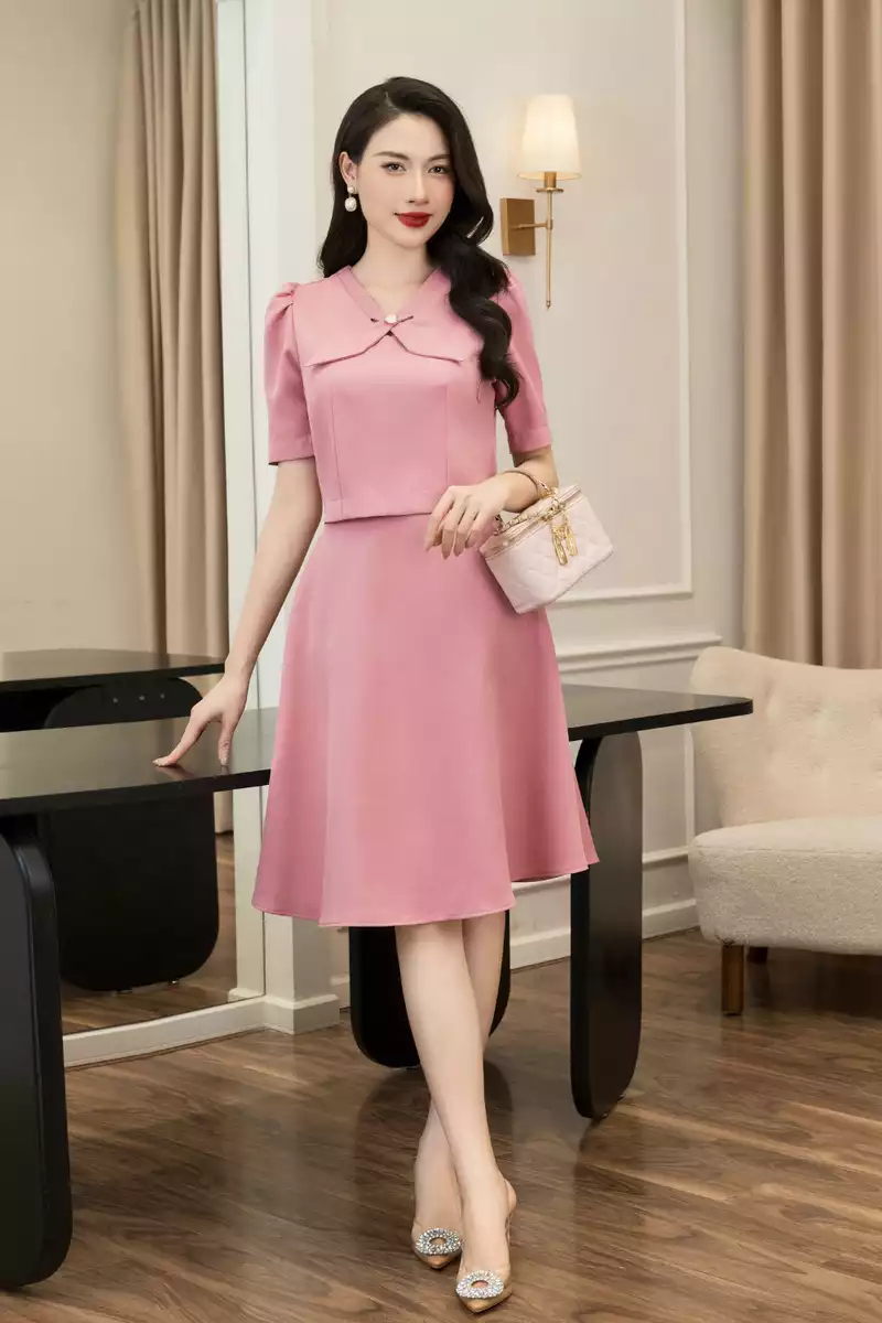 Đầm hồng đỗ chân xòe 1 màu