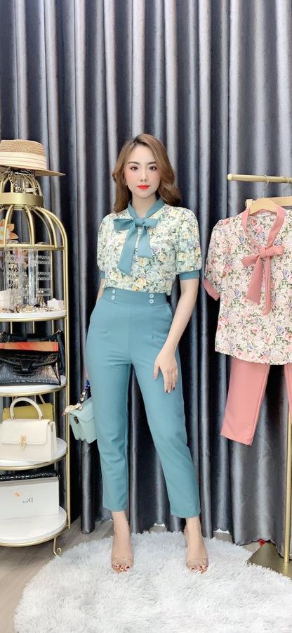 Set bộ đồ áo hoa quần lưng cao