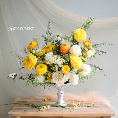 Flower Arrangement with candle holder (Yellow Tone) by Iris Florist