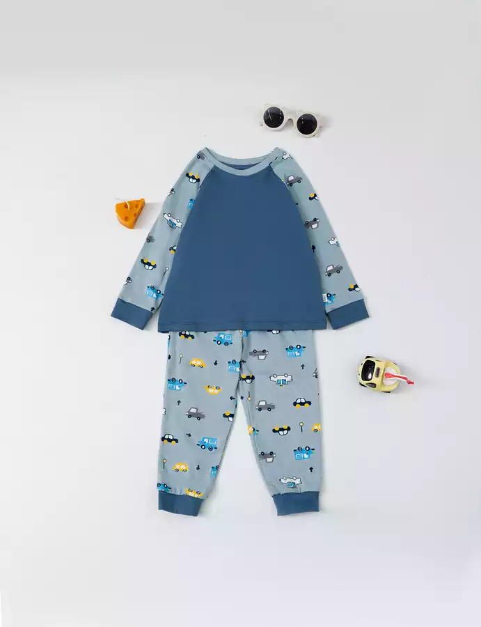 Bộ mặc nhà họa tiết phối thân trơn