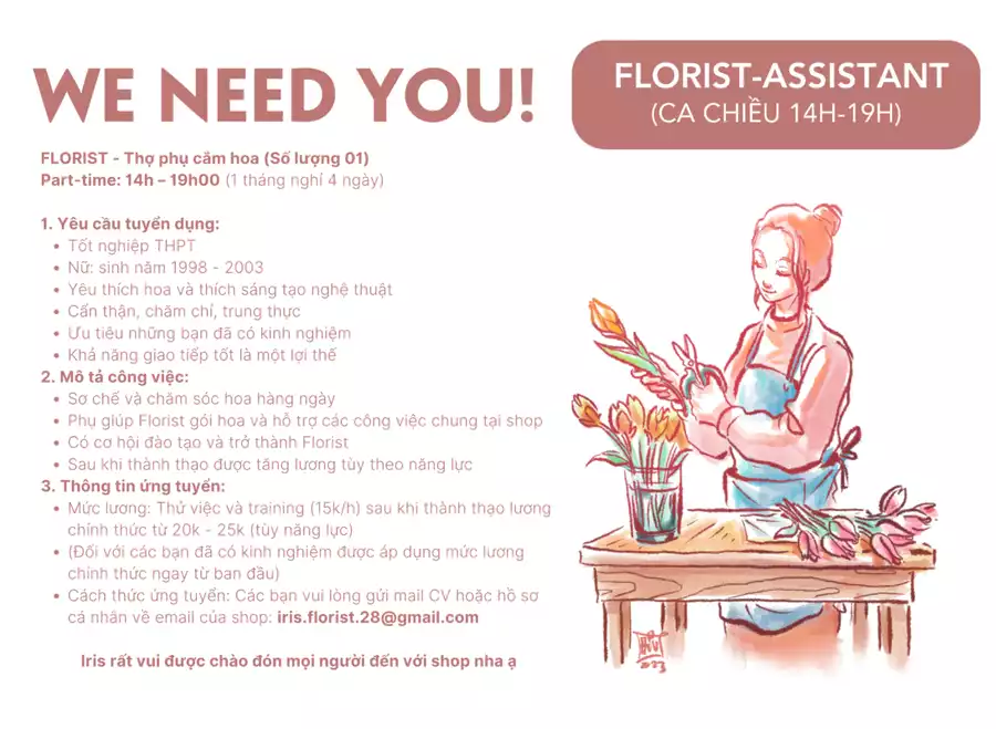 Tuyển dụng Florist-Assistant (Part-time: Ca Chiều 14h-19h) Tháng 5/2024