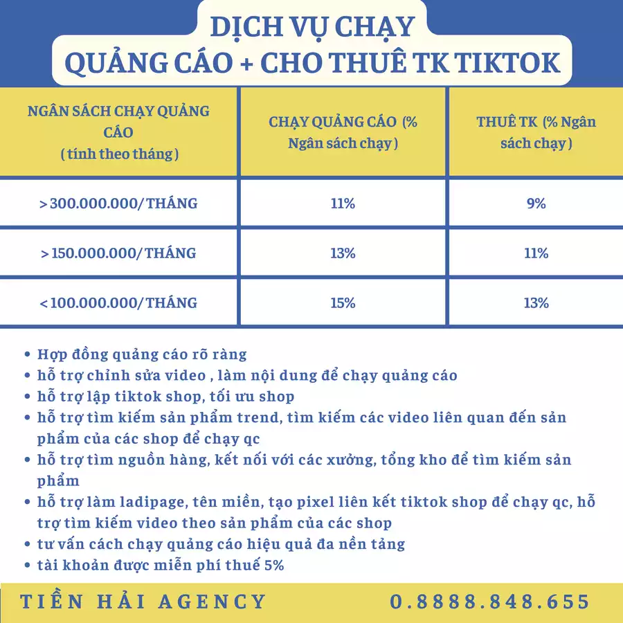 BẢNG PHÍ DỊCH VỤ CHẠY QUẢNG CÁO TIKTOK