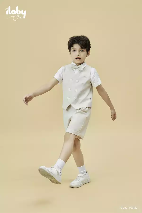 Set vest túi ngực giả khăn gấp kèm nơ