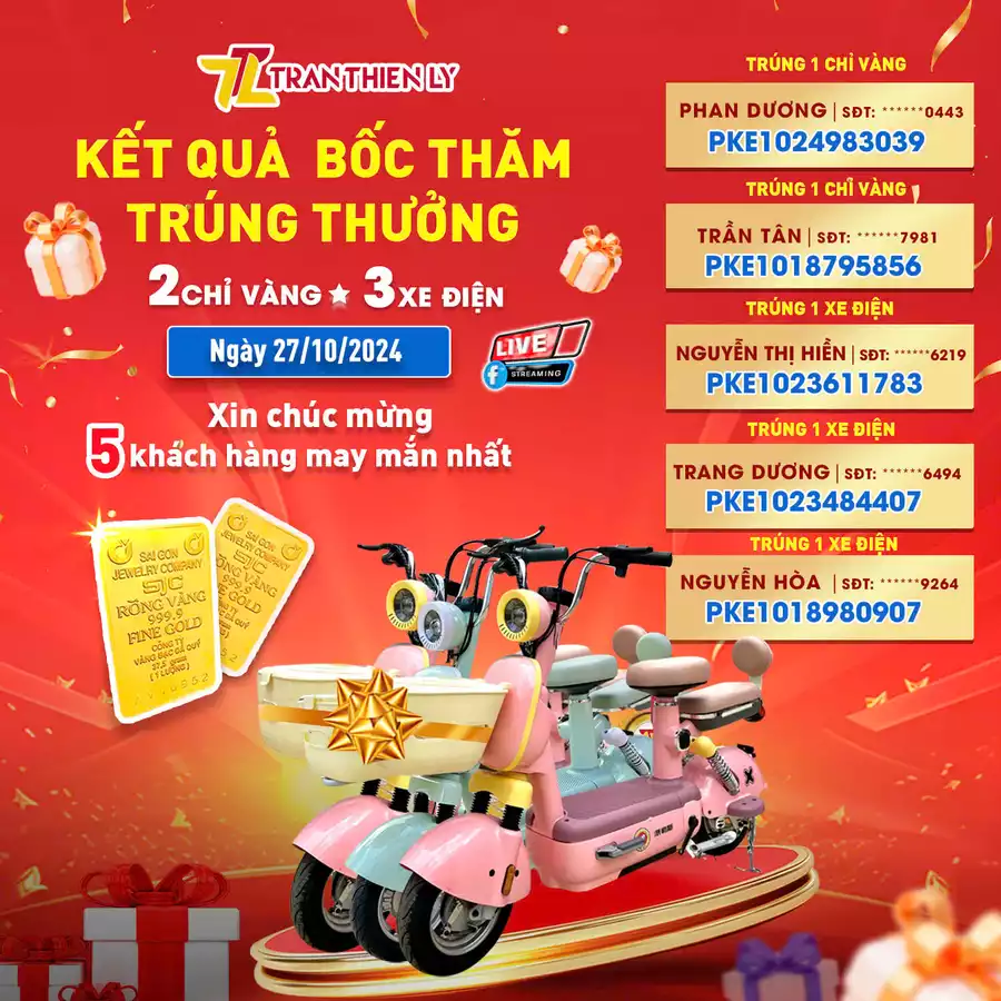 KẾT QUẢ BỐC THĂM TRÚNG THƯỞNG 2 CHỈ VÀNG - 3 XE ĐẠP ĐIỆN