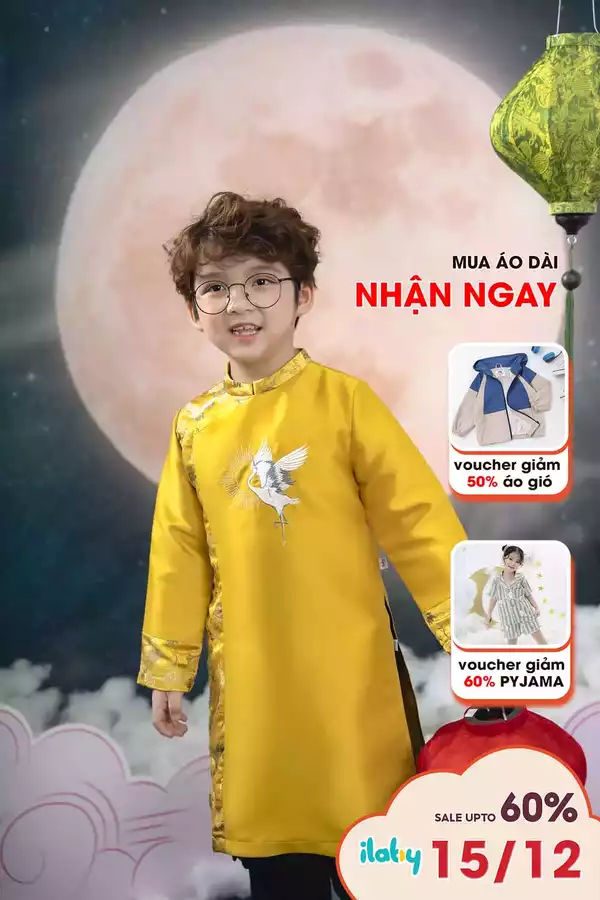 Áo dài phối gấm thêu hạc