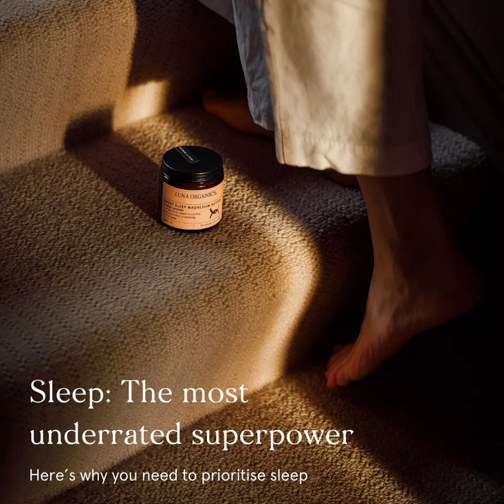 Sleep Fact – Decisions and Reactions – Luna Organics jar on a bedside rug in evening light