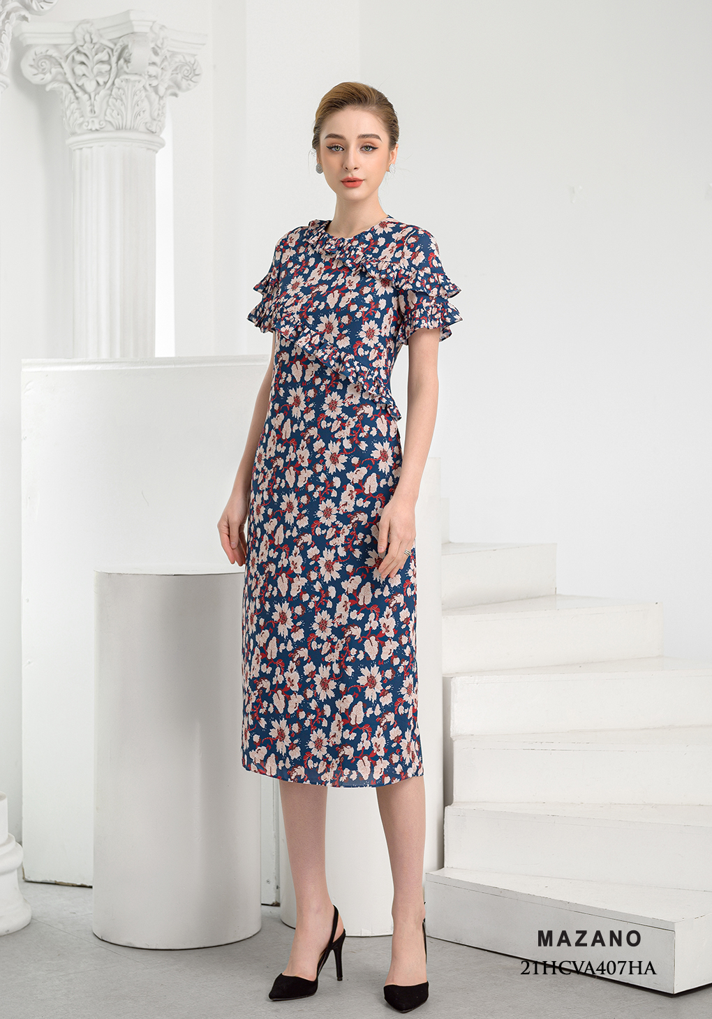 Đầm suông họa tiết tay bèo cách điệu