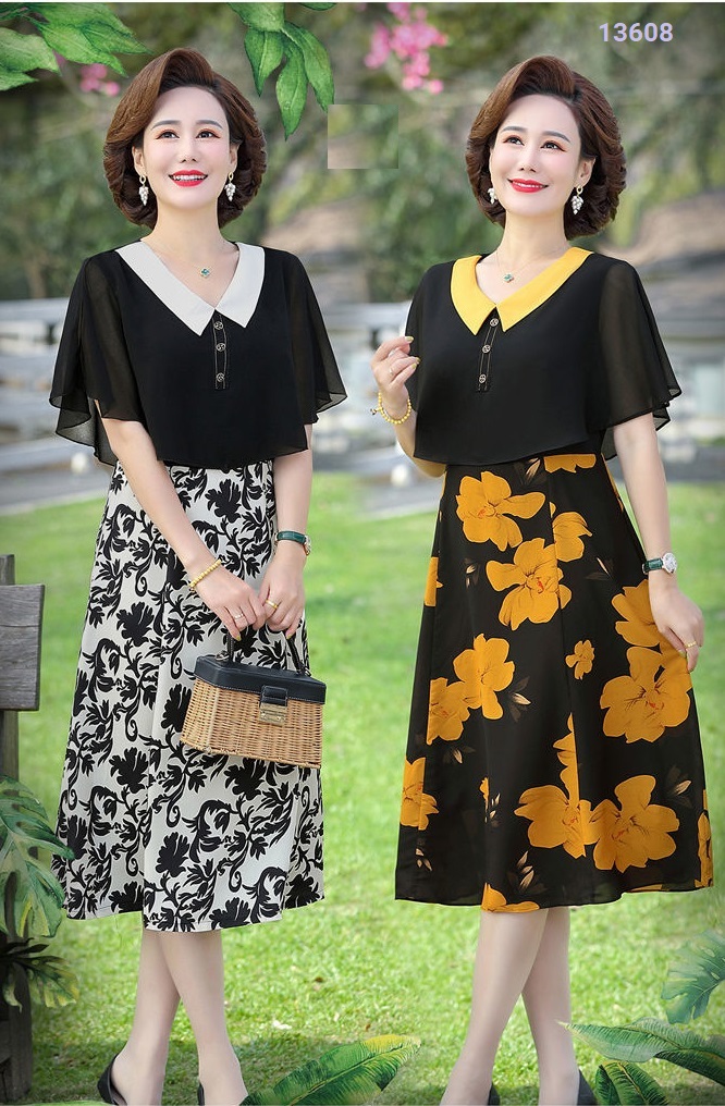 13608-Đầm xòe cổ bẻ phối tà  in hoa (voan in có lót, khóa hông )_thumbnail_0