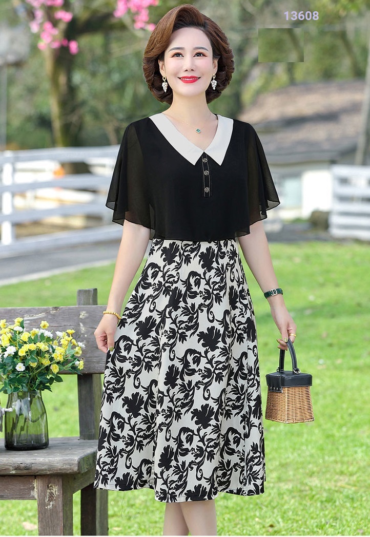 13608-Đầm xòe cổ bẻ phối tà  in hoa (voan in có lót, khóa hông )_thumbnail_2