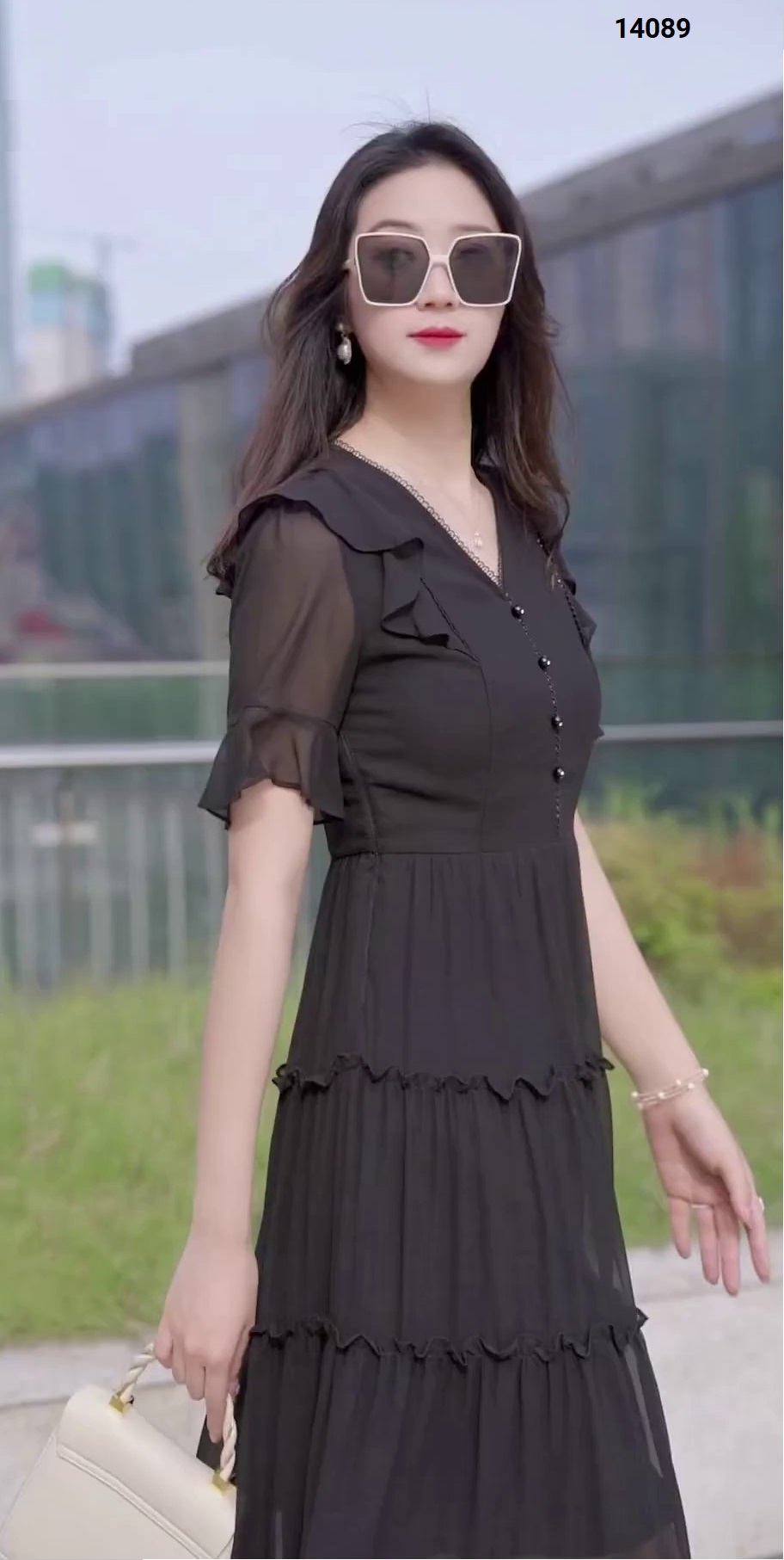 14089-Đầm voan cổ tim kết nút nhún viền tầng( voan, lót thun)FREESHIP_thumbnail_0