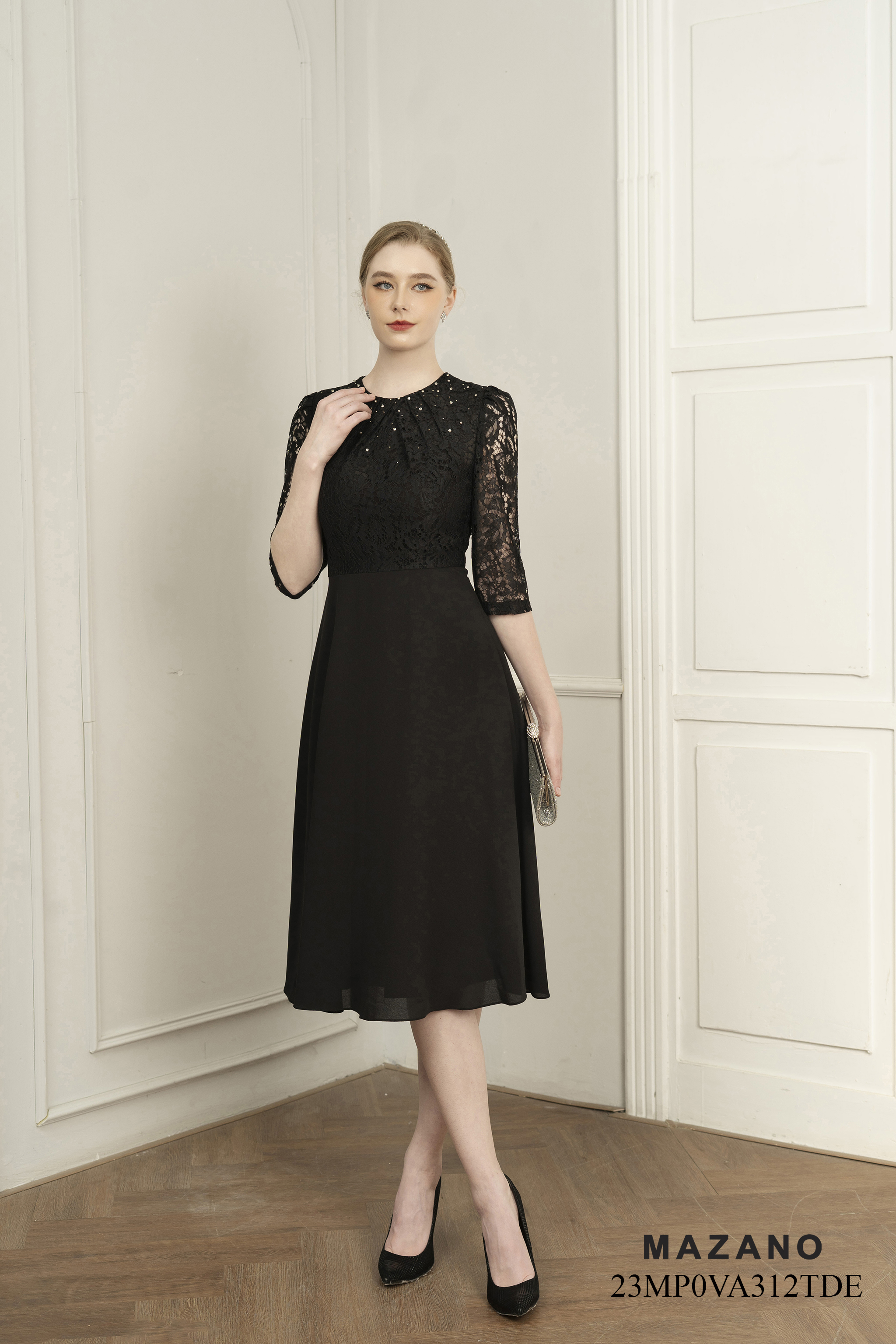 Váy Đầm ôm chân rủ Vải thô phối ren Đính trang trí ngực Cổ tròn Tay lỡ Dài đến bắp chân