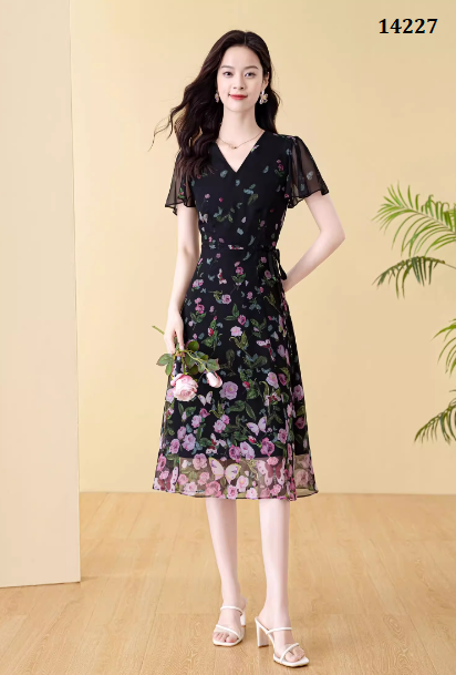 14227-Đầm voan tay tiên cổ V in họa tiết hoa hồng (voan,lót)_thumbnail_1