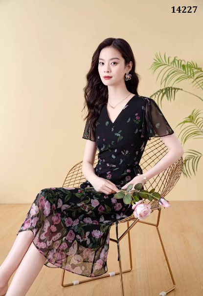 14227-Đầm voan tay tiên cổ V in họa tiết hoa hồng (voan,lót)_thumbnail_3