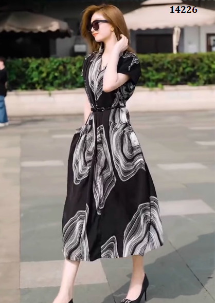 14226-Đầm xòe cổ V in họa tiết lập thể (voan, lót)_thumbnail_2