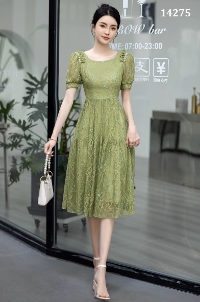 14275-Đầm xòe ren lưới  tay phồng cổ tròn vai nhún viền  cách điệu  (ren, lót)_thumbnail_0