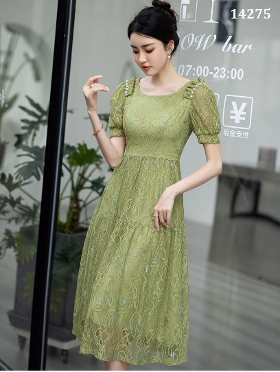 14275-Đầm xòe ren lưới  tay phồng cổ tròn vai nhún viền  cách điệu  (ren, lót)_thumbnail_1