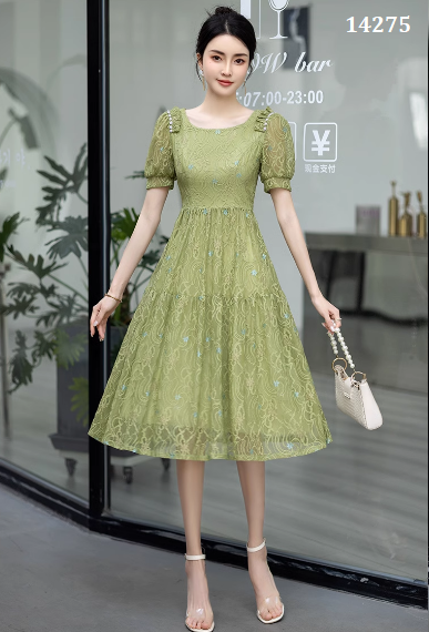 14275-Đầm xòe ren lưới  tay phồng cổ tròn vai nhún viền  cách điệu  (ren, lót)_thumbnail_3