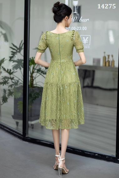 14275-Đầm xòe ren lưới  tay phồng cổ tròn vai nhún viền  cách điệu  (ren, lót)_thumbnail_2