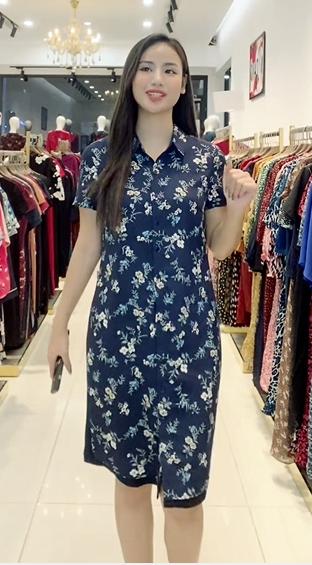 Đầm xanh đen họa tiết phối cách điệu 18HC245