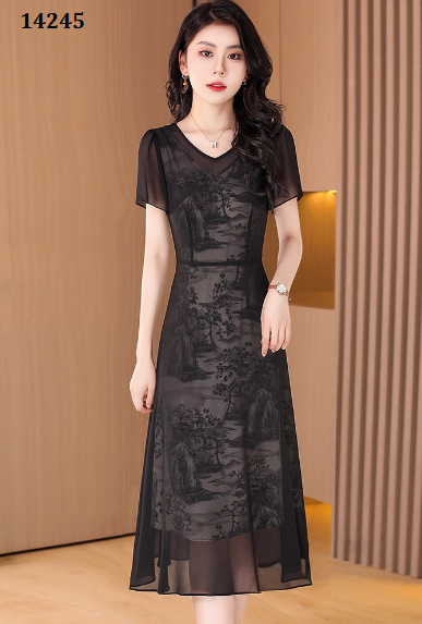 14245-Đầm xòe  voan lưới họa tiết  3D ( voan lưới, lụa in)_thumbnail_1