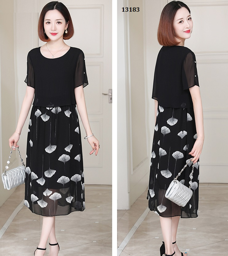 13183-Đầm voan xòe cổ tròn in họa tiết lá rẻ quạt _thumbnail_4