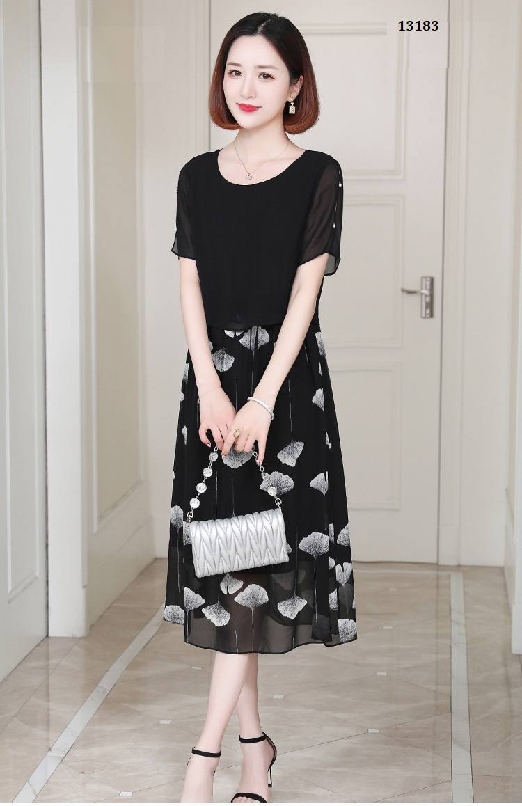 13183-Đầm voan xòe cổ tròn in họa tiết lá rẻ quạt _thumbnail_2