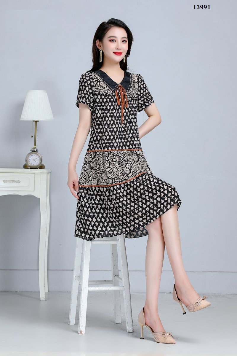 13991-Đầm suông A  cổ sen thắt nơ in họa tiết cổ điển (lụa 100D in)_thumbnail_2