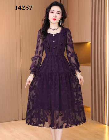 14257-Đầm voan in hoa tay dài màu tím cẩm (voan,lót)_thumbnail_0
