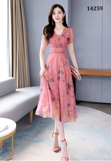 14259-Đầm voan  đỏ in hoa cổ chéo ( voan, lót) _thumbnail_2