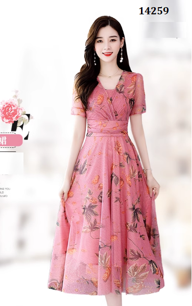 14259-Đầm voan  đỏ in hoa cổ chéo ( voan, lót) _thumbnail_0