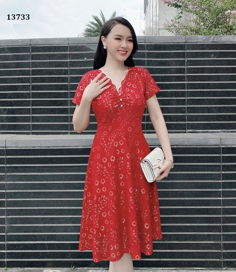 13733-ĐẦM REN CỔ V PHỐI NGỌC (miễn ship) _thumbnail_4