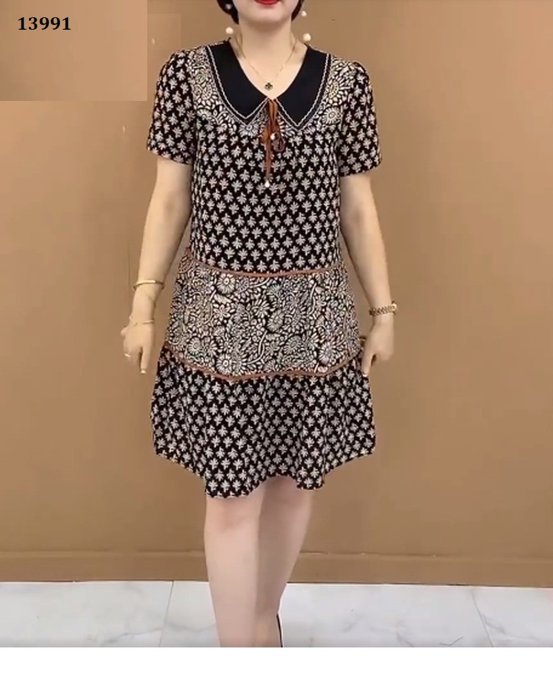 13991-Đầm suông A  cổ sen thắt nơ in họa tiết cổ điển (lụa 100D in)_thumbnail_4