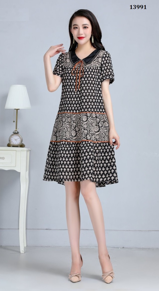 13991-Đầm suông A  cổ sen thắt nơ in họa tiết cổ điển (lụa 100D in)_thumbnail_3