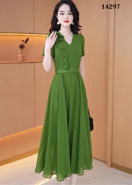 14297-Đầm voan xanh lá bèo chéo kèm nịt ( voan, lót)_thumbnail_0